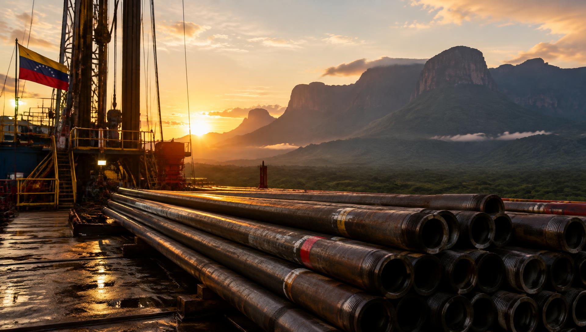 Drill pipe on a rig at sunrise